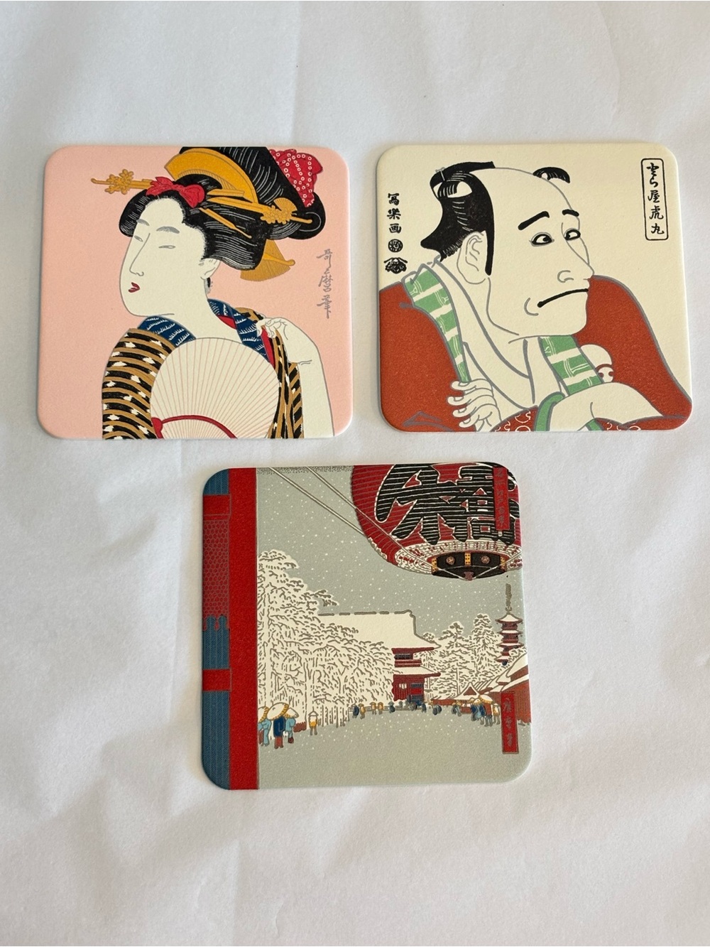 Vintage Japanese Ukiyo-e fine art coasters (3) woodblock prints Port of Tokyo